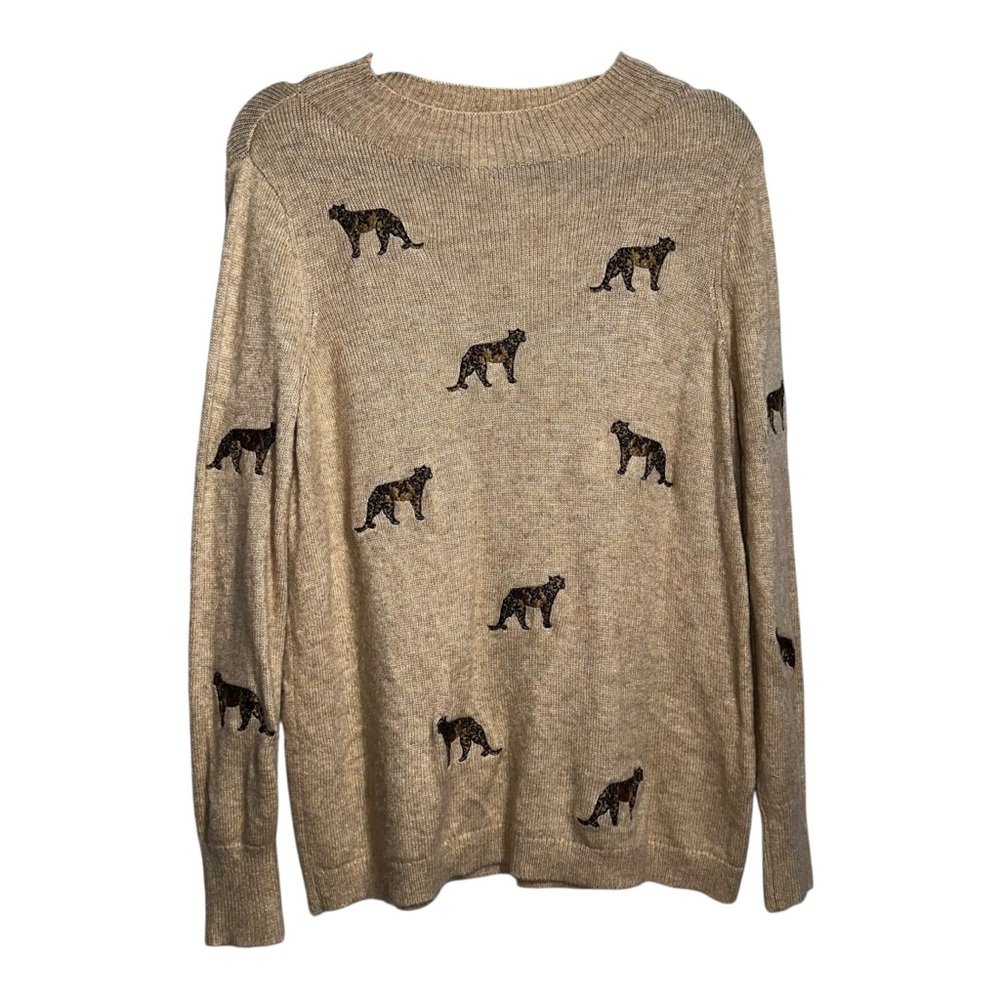EUC CHICO’S Nylon/Rayon/Wool/Cashmere Blend Sweater with Cheetahs - size 1 (8)